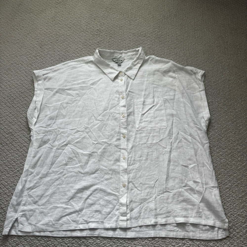 Orvis Shirt Top Womens Medium Linen Blend Casual Pocket Button Up Sleeveless